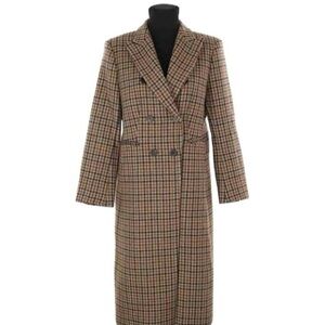 SANDRO Double-Breasted Long Plaid Coat in Brown